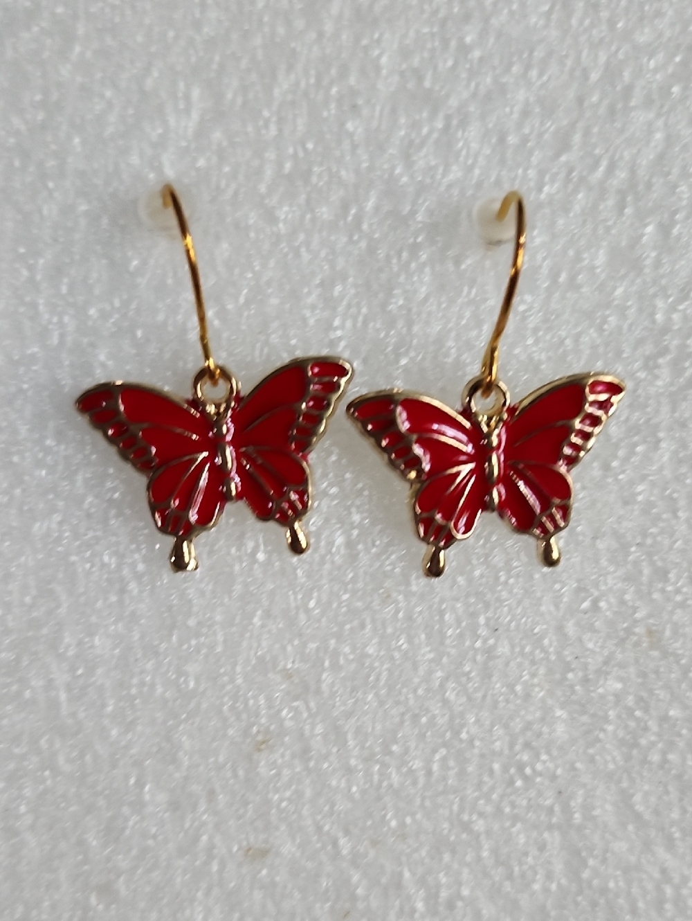Hand Crafted Gold Butterfly Drop Earrings with Red Enamel